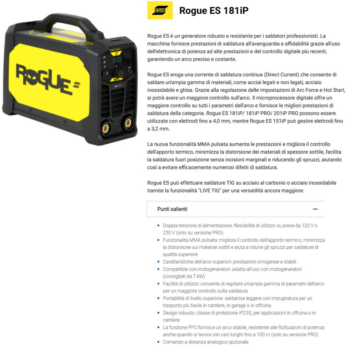 Saldatrice Inverter 180A Professionale ESAB per Saldatura Elettrodo Rutile Rivestito MMA e TIG DC Tecnologia Pulse Portatile Monofase 230V modello ROGUE ES 181iP - immagine 6