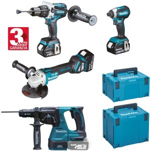 Smerigliatrice Angolare 125mm DGA513 + Trapano Avvitatore con Percussione DHP481 + Avvitatore ad Impulsi DTD153 + Tassellatore SDS-Plus DHR243 a Batteria 18V MAKITA Kit 4 Utensili DLX4104TJ1